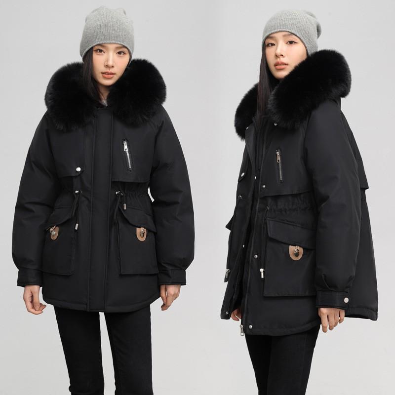 Womens Winter Puffer Coat With Faux Fur Collar Short Slim Fit Cotton-Padded Jacket Cold Weather
