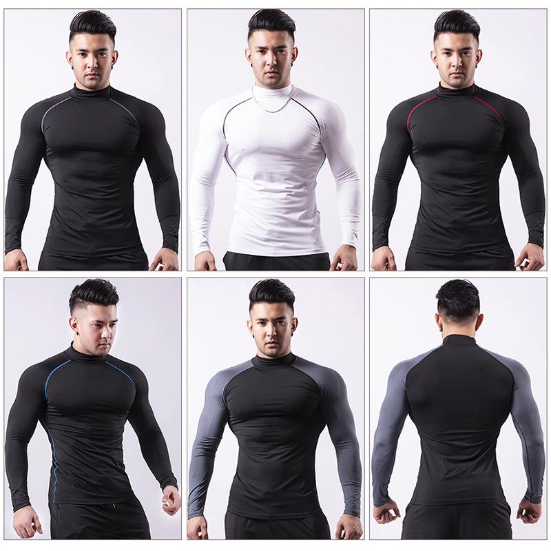 Men's Silk Grid High-Neck Performance T-Shirt - Elastic, Quick-Dry, Long-Sleeve for Autumn/Winter Running.