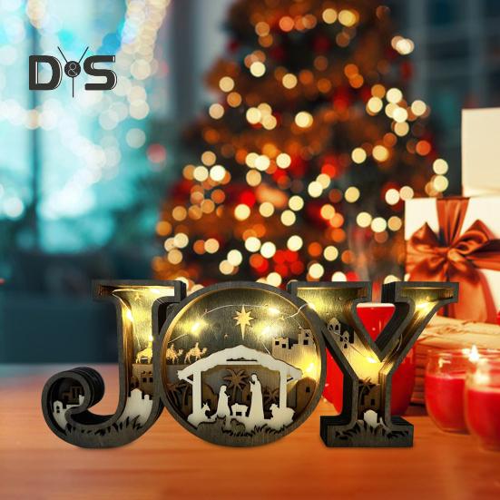 Julkrubba Ornament Trä Bokstaven JOY Bordsdekoration Rustik Religiös Bordsmantel Prydnad Gåva till Familj och Vänner