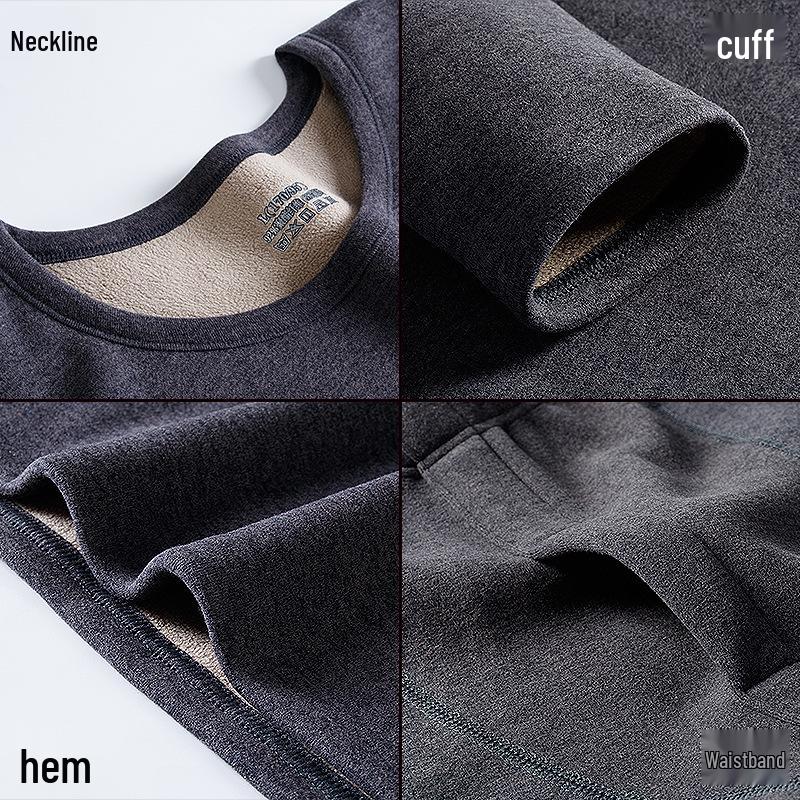Conjunto de Roupa Íntima Térmica Masculina - Veludo Espessado, Gola Redonda, Cor Sólida, Camada Base de Lã de Cordeiro para Outono e Inverno.