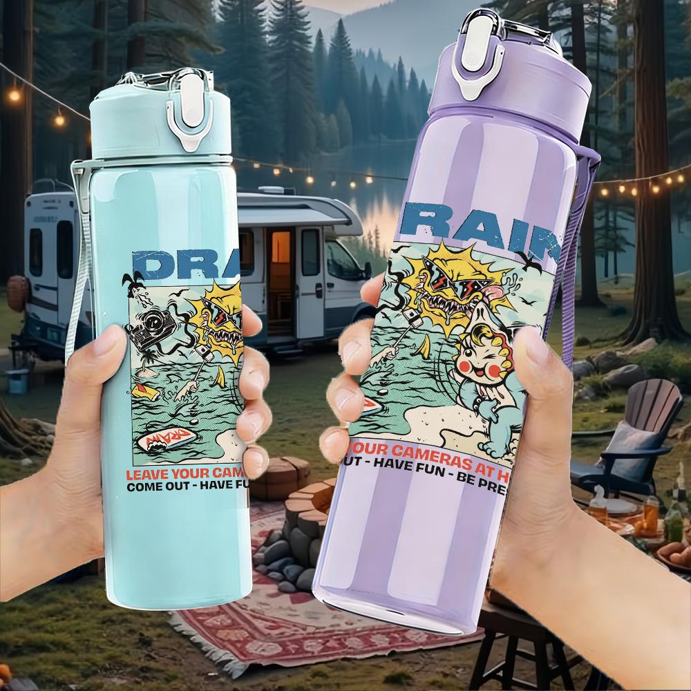 1PC Drain Retro Comic Colorful Collage Print 750ml Portable Sports Water Bottle Leakproof Gym Outdoor Travel Drink Cup