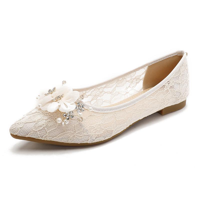 Fashion Sweet Flower Decoration Lace Flat Shoes for Woman Air-meash Loafers Crystal Pearl Beading Wedding Shoes Women Moccasins Size 43