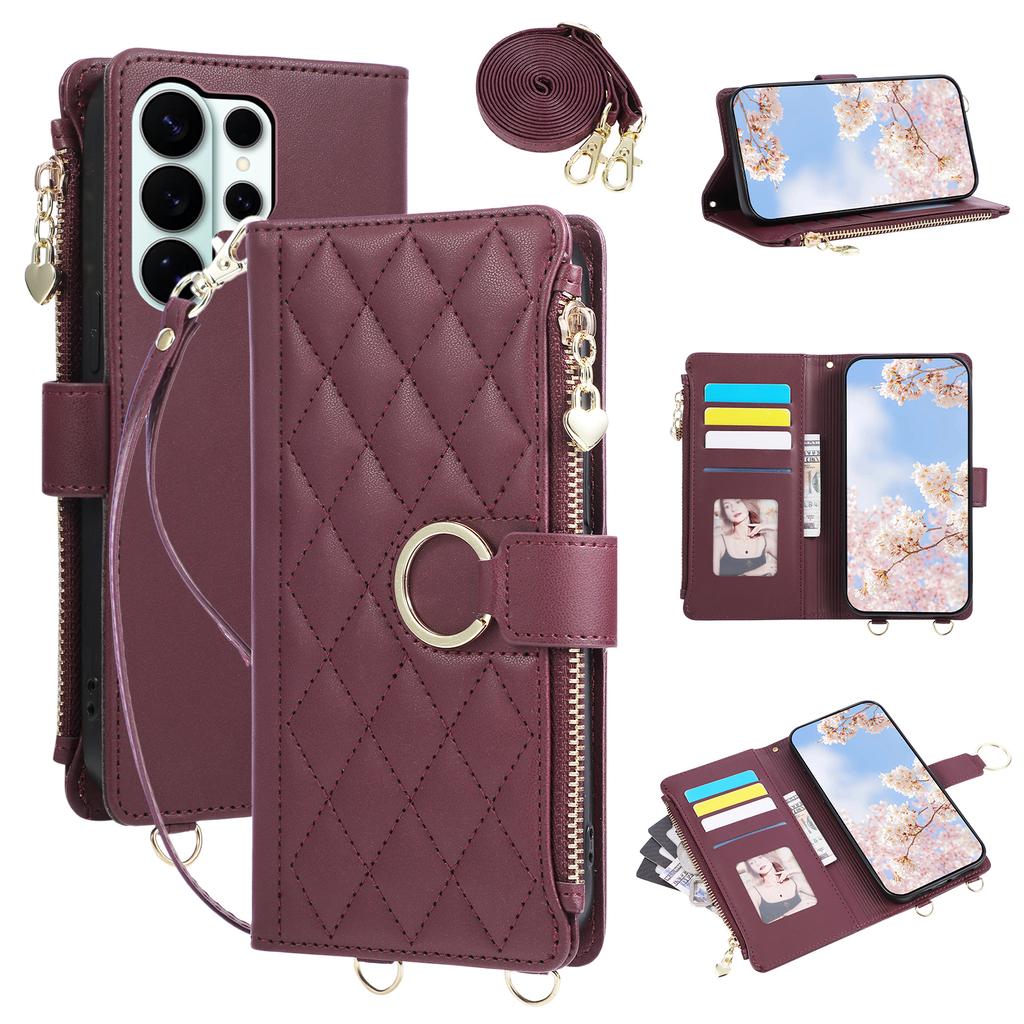 Crossbody Wrist Strap Leather Wallet Phone Case for Samsung S25 Edge S26 Ultra S24 S23 S22 S21 Plus Note 20 Flip Stand Cover