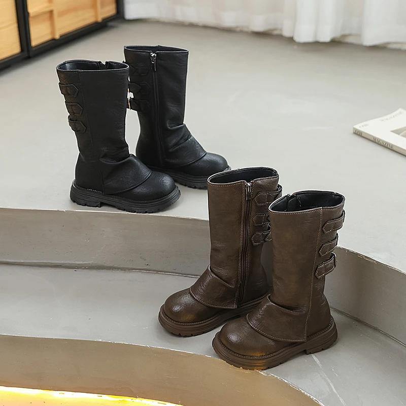 Autumn Toddlers Long Boots Black Brown Kids Causal Mid-calf Boots for Girls  Round-toe Children's Causal Platform Boots