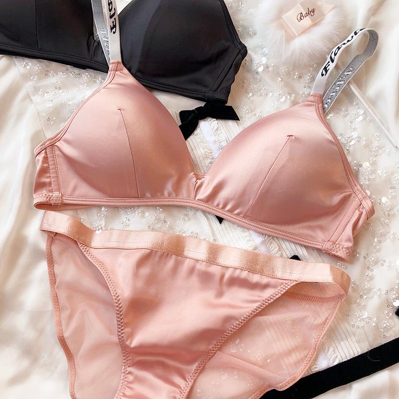 Ice Silk Comfort Underwear Set Women Sexy Deep V Push Up Bra Set Shoulder Strap Letters Adjustable Brassiere and Lace Panties