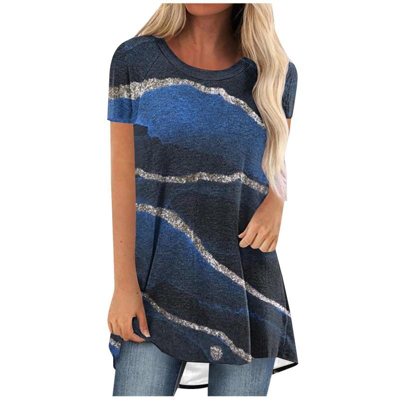 Womens Casual Short Sleeve T-Shirt With Starry Sky Digital Print Loose Fit Long Length Top 2025