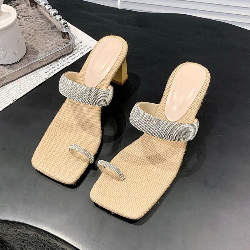 Feel slippers summer rhinestone cover toe middle heel one word sandals fashion square head thick heel high heels