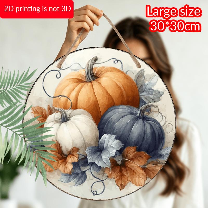 2D Flat, Vintage Fall Thanksgiving Metal Wall Decor - Round Rustic Pumpkin Wreath Sign with Beige/Orange/Blue/Leaf Colors, Durable Aluminum