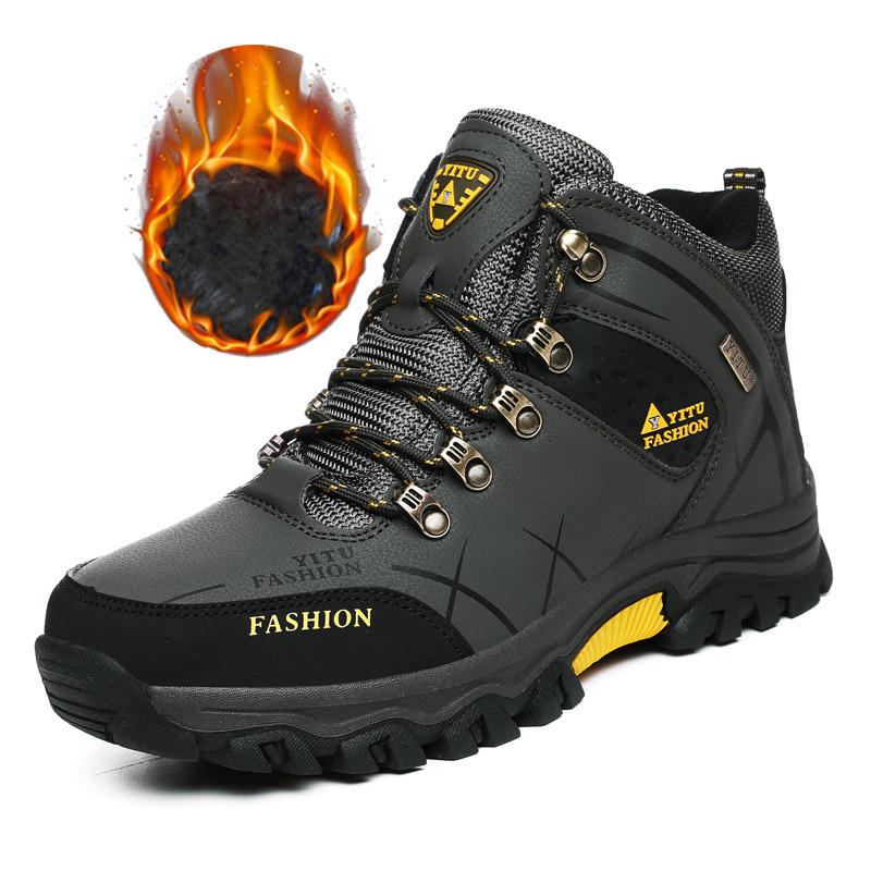 Men's Waterproof Leather Hiking Boots - Insulated, Mid-Top, Cold-Proof for Autumn and Winter