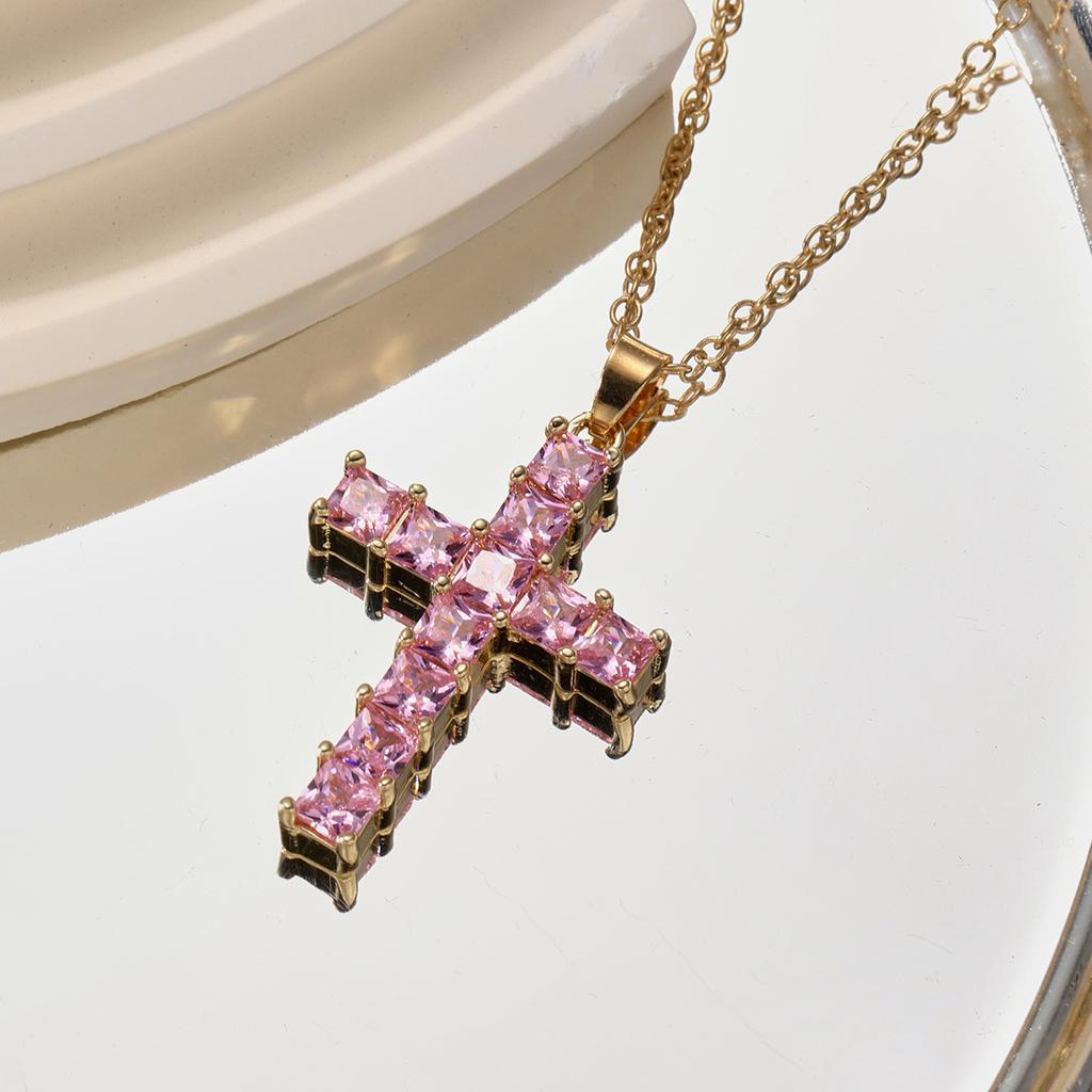 Fashion Colorful Zircon Cross Pendant Necklace For Women Stainless Steel  Color Charm Religious Necklaces Jewelry Gifts