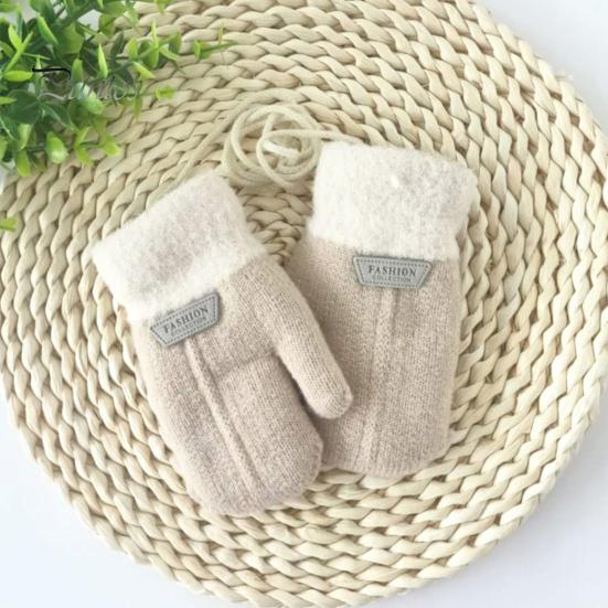 Children Mittens 1 Pair Hanging Rope Halter Thickened Fleece Lining Winter Woolen Yarn Gloves Letter Logo Solid Color Baby Knitting Knitted