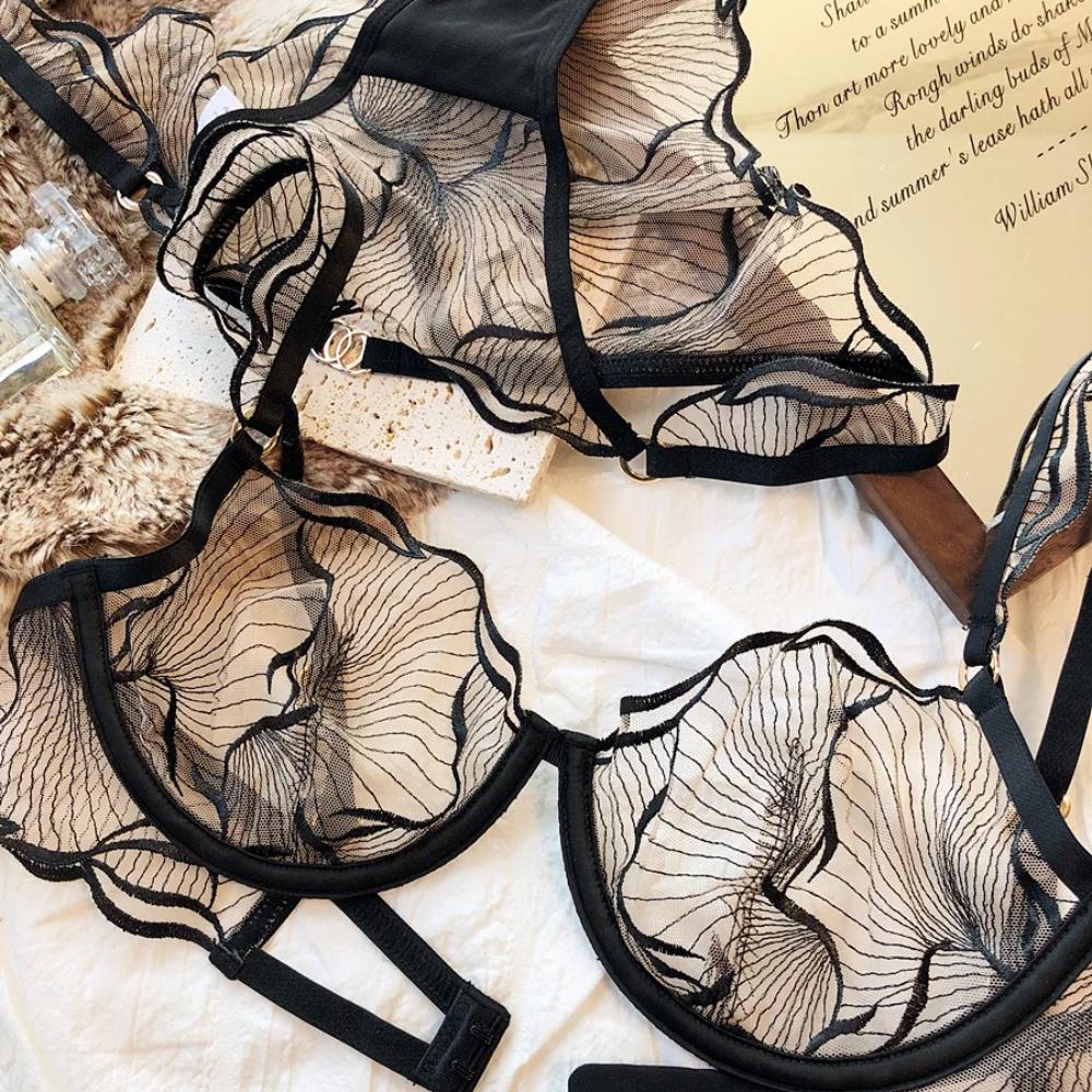 French Ultra Thin Underwear Set Sexy Mesh Breathable Bras Women Summer Lace Lingerie Black Temptation Intimates Briefs Sets