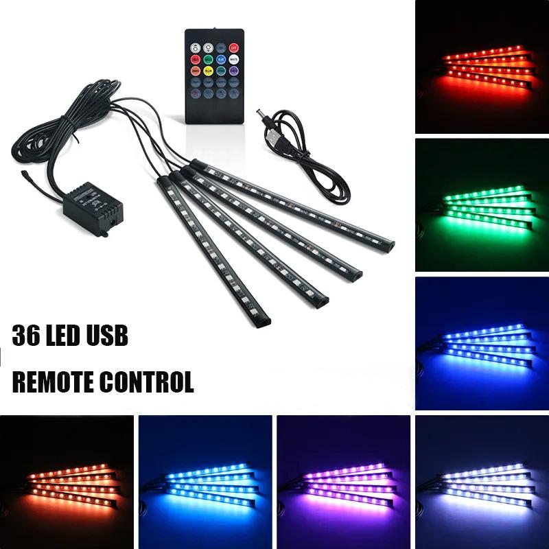 Neon 36 48 72 LED Car Interior Ambient Foot Light with USB Wireless Remote Music APP Control Auto RGB Atmosphere Decorative Lamp