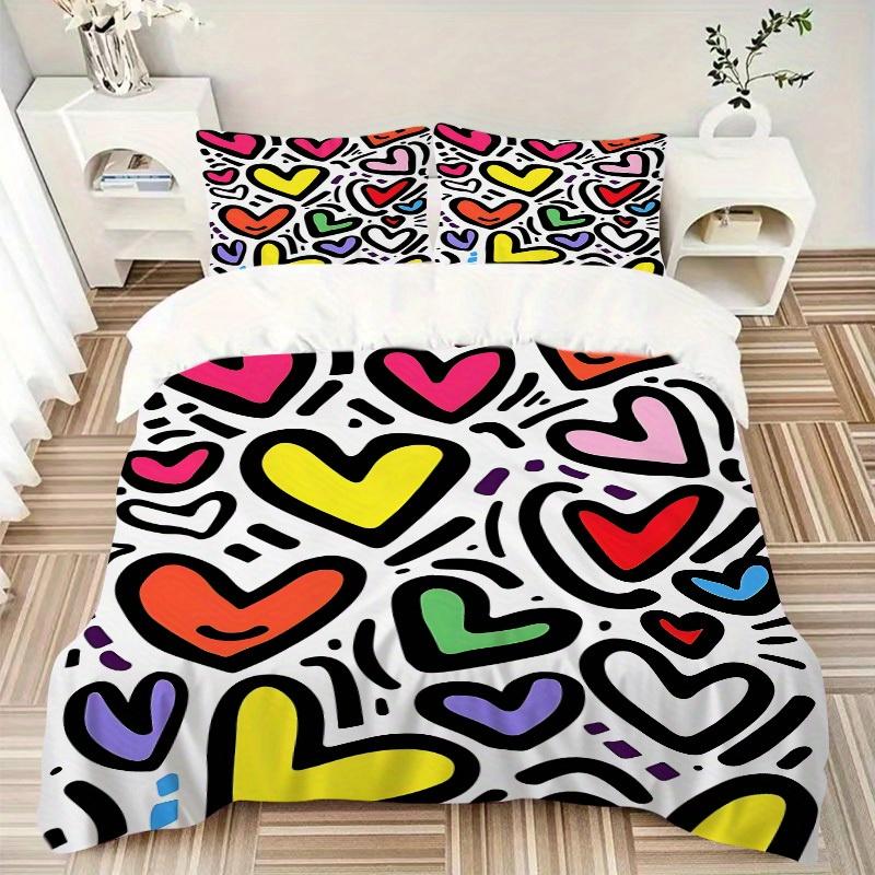 3pcs Colorful Hearts Bedding Set, Breathable and Soft, Suitable for All Seasons, Ideal for Home Use, Suitable for Bedroom Decor yy250821216