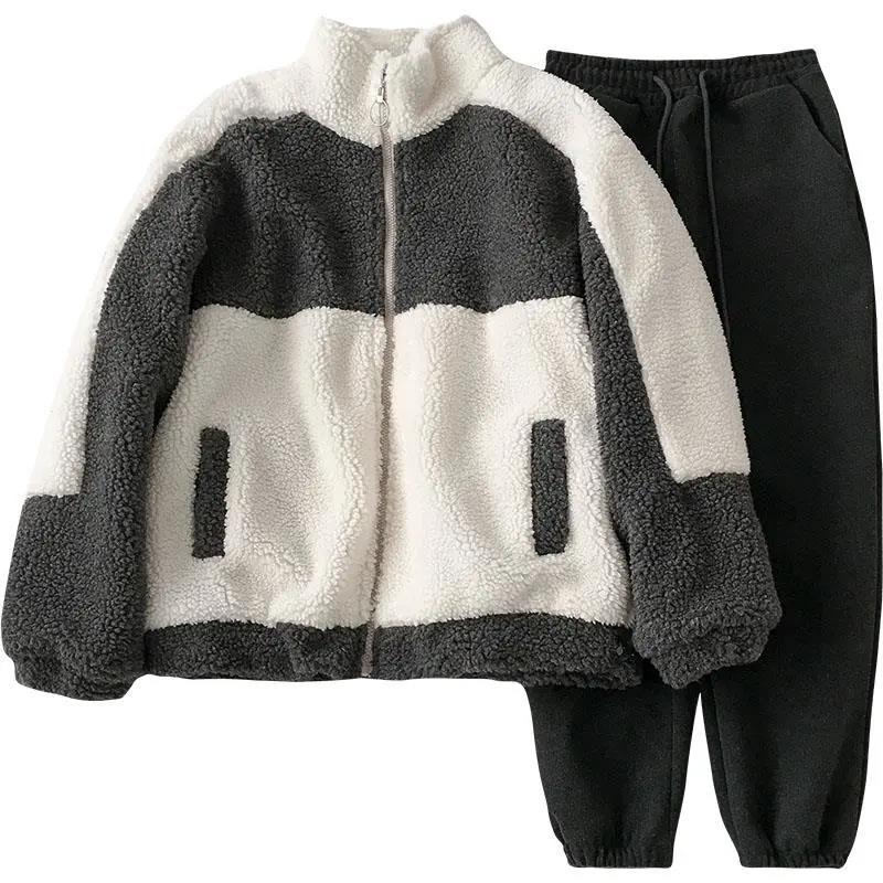 

Костюм женский осенне-зимний, пальто из искусственной овечьей шерсти + шерстяные брюки, теплый и свободный женский костюм из двух предметов для отдыха S