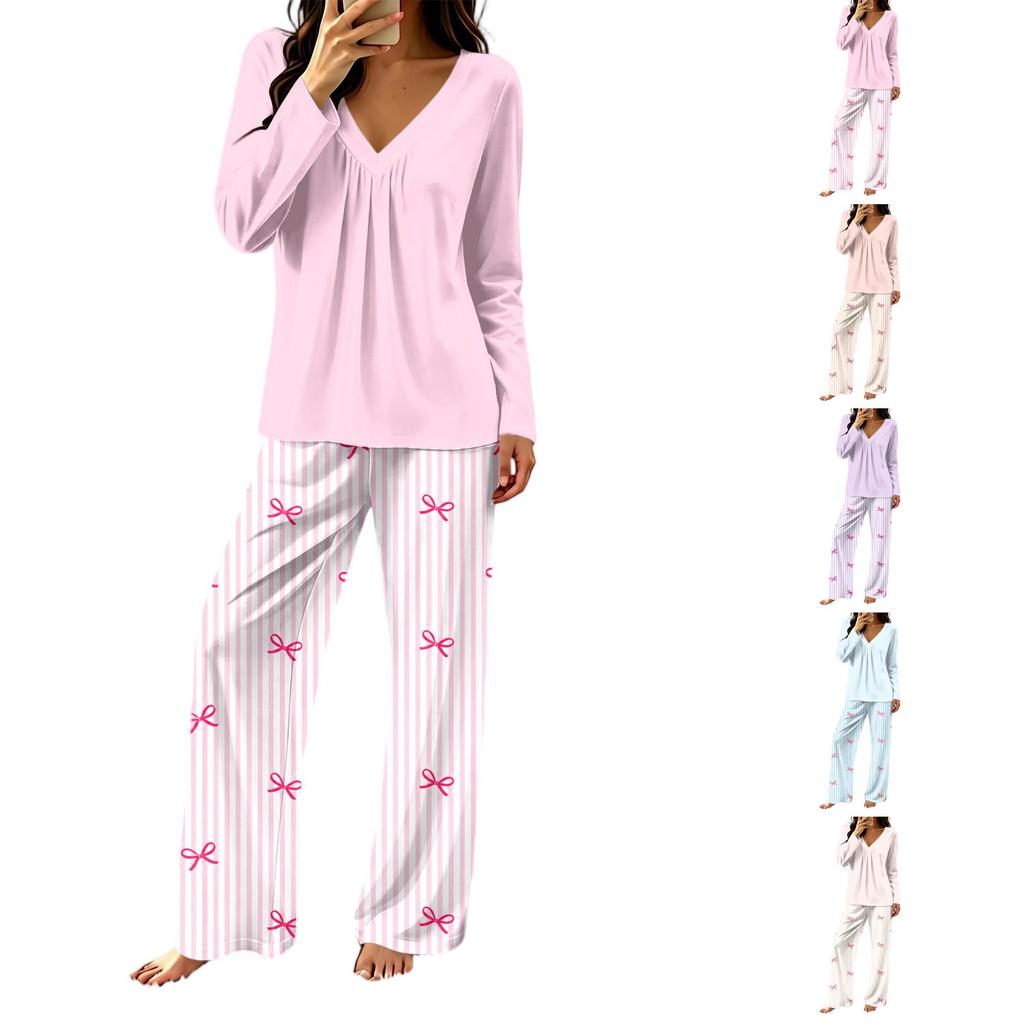 Women's V-Neck Loose Fit Printed Pajama Set Two Piece Sleepwear for Casual