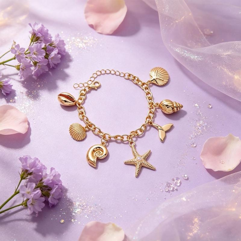 Shell Starfish Bracelet for Women Gold Tone Link Chain with Ocean Tail Detail, Adjustable Wrist Jewelry for Beach Vacation Outfits
