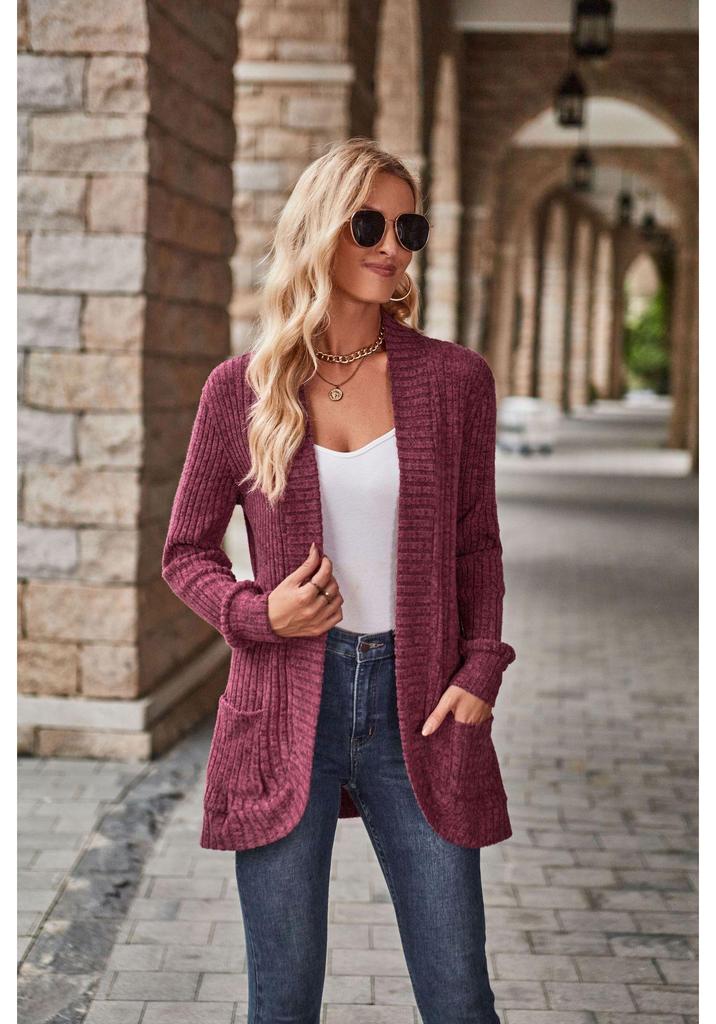 2025 Autumn Solid Color Ribbed Brushed Patchwork Long Sleeve Cardigan Jacket