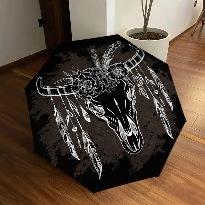 1PC Bull Skull Feathers Pattern Small Travel Compact Windproof Umbrella, Automatic Folding Umbrella, Automatic Open/Close ,Gift-161