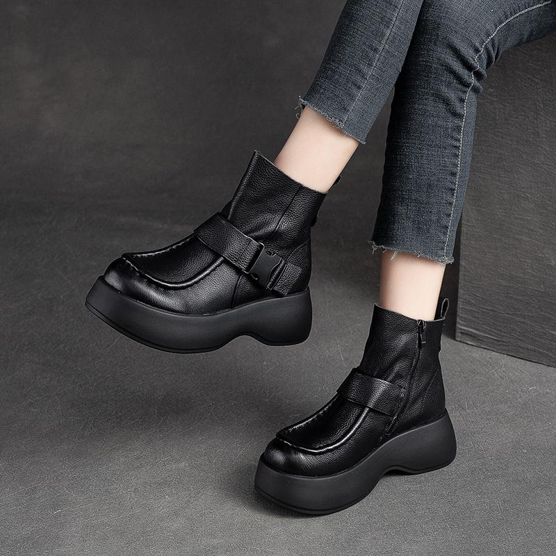 Fashion GKTINOO Women Motorcycle Boots Genuine Leather 2025 New Zip Thick Soled Women Shoes Casual Handmade Retro Short Platform Boots