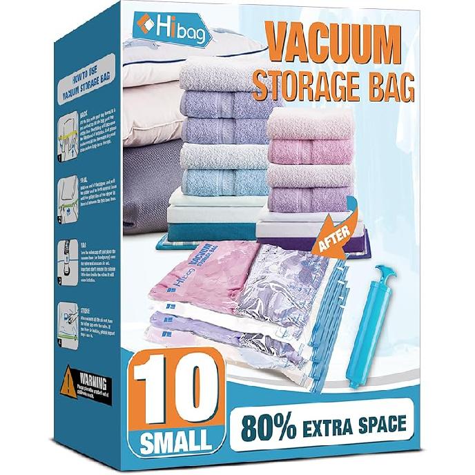 HIBAG Vacuum Storage Seal Bags, 10 Jumbo Space Saver Vacuum Sealer Bags for Clothes, Comforters, Blankets, Bedding (10J) 10-Small