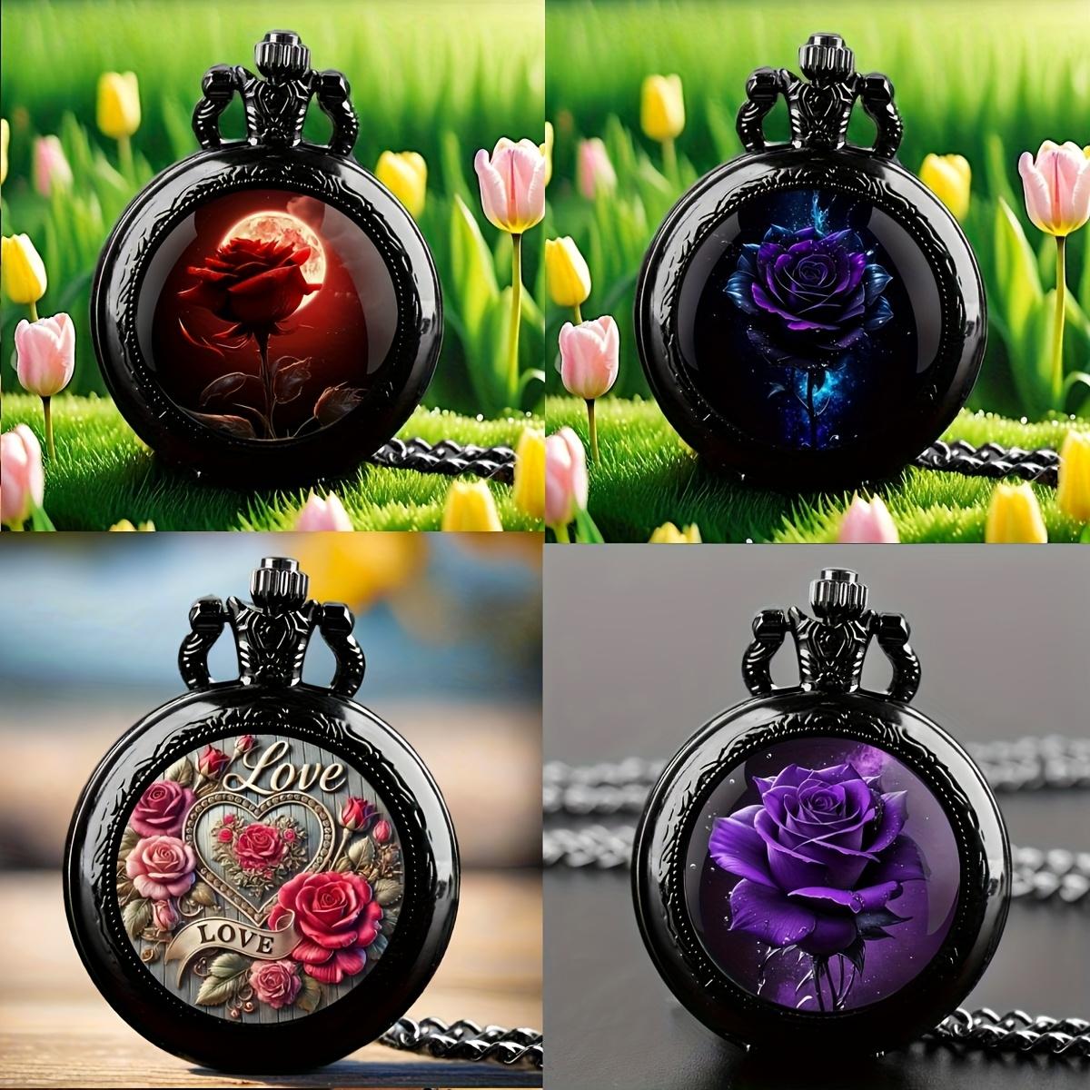 

4 шт. Винтажные изысканные карманные часы разных цветов с цветочным узором, черные мини-размера, кварцевый механизм, отличные подарочные часы чёрный
