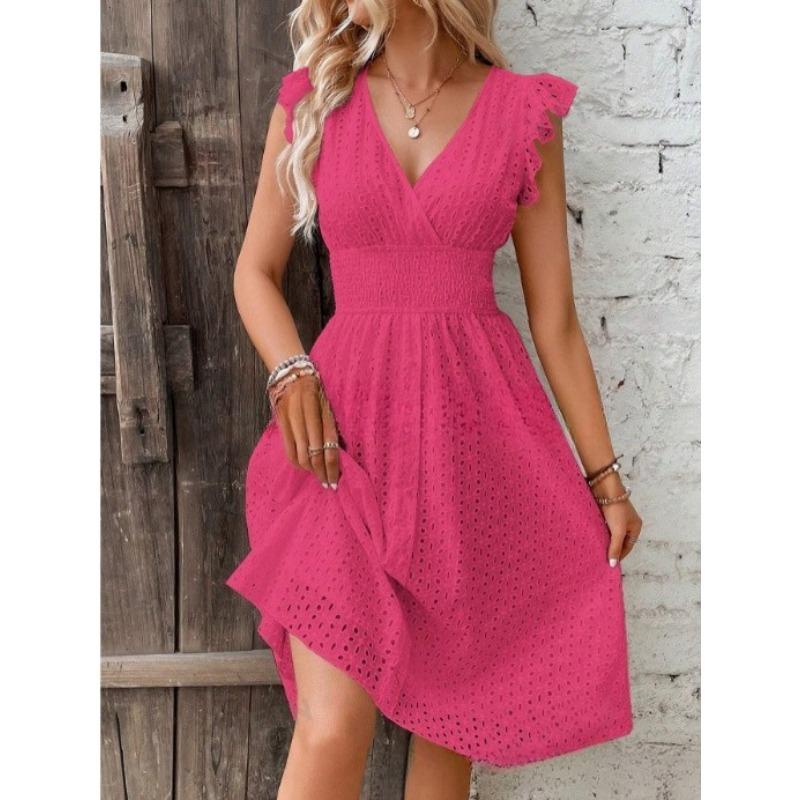 VEZFAA Kadın Moda Yaz Bahar Düz Renk Baskı Kolsuz V Yaka Yüksek Bel Günlük Elbiseler