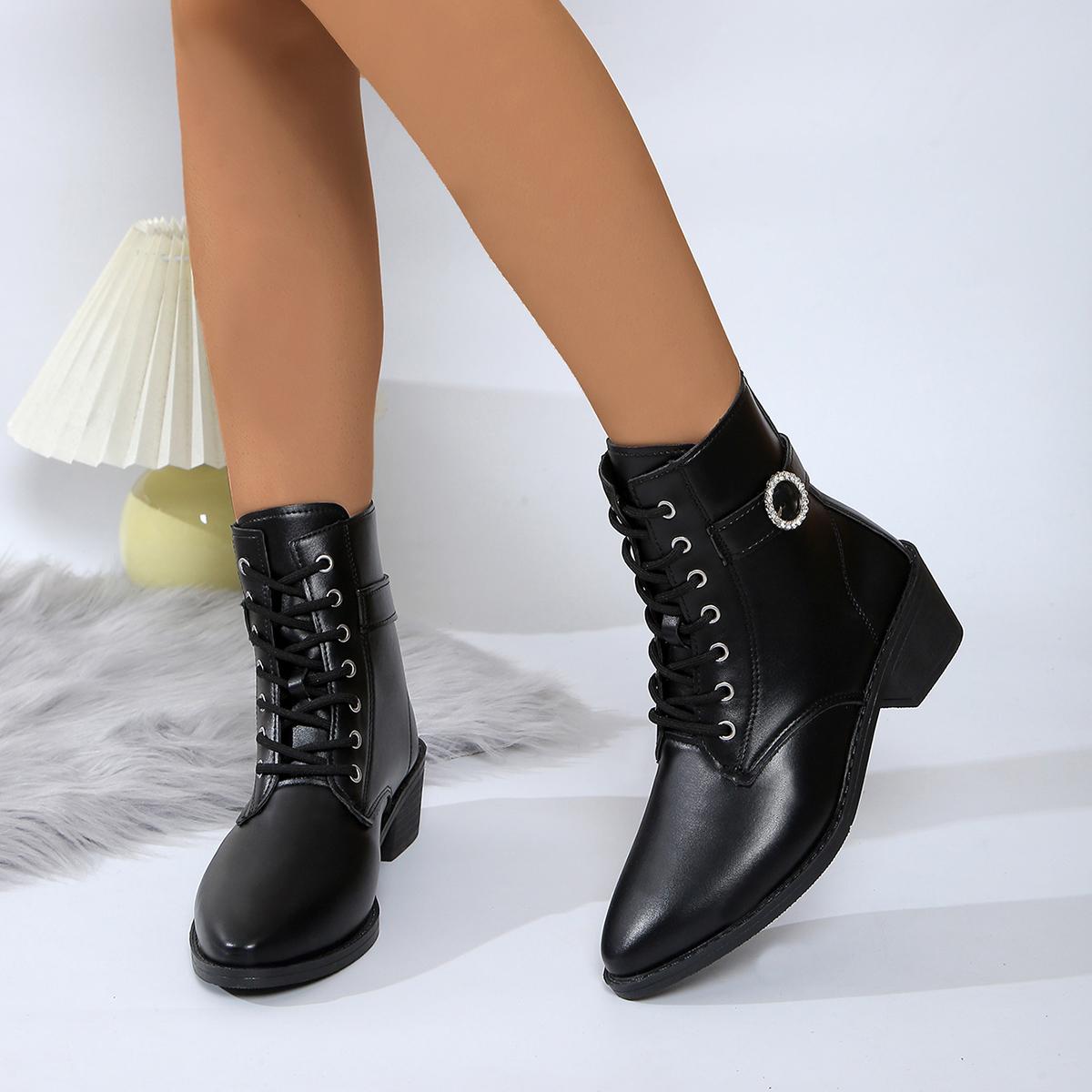 

Women s boots fashion classic lace up ankle boots low square high heels round toe autumn and winter casual women s shoes 43