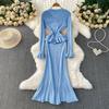 Autumn Winter Women Elegant V-neck Knitted Sweater Metal Button Christmas Party Long Midi Fishtail Dresses