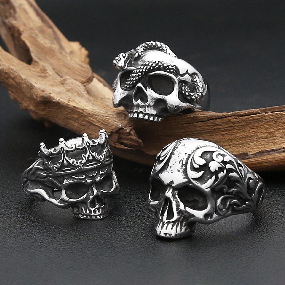 Vintage Gothic 316L Stainless Steel Skull Rings For Men Women Punk Hip Hop Motorcycle Band Jewelry Halloween Gifts