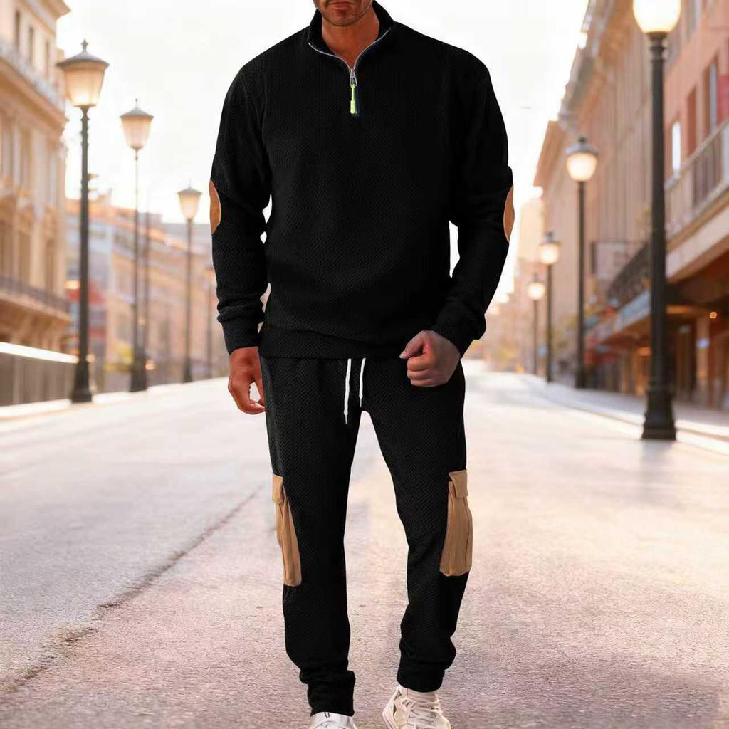 Men's Winter Fleece Tracksuit Sets Stand Collar Sweatshirt Cargo Sweatpants 2 Piece Jogging