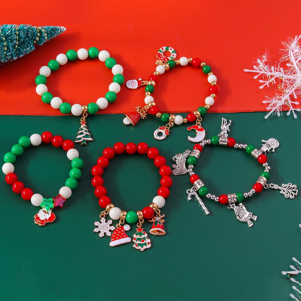 Festive Beaded Bracelet with Christmas Tree, Snowflake & Bell Pendants