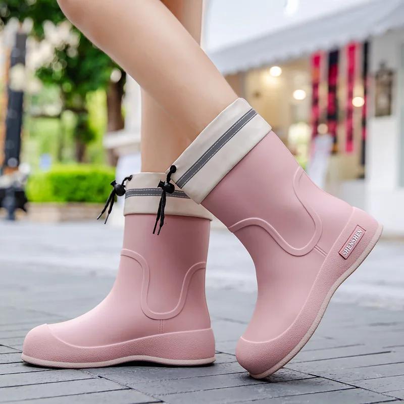 2025 Rain Shoes Women Adult Short Water Shoes Anti-slip Rain Boots Outside Water Thickened Kitchen Work Waterproof Simple