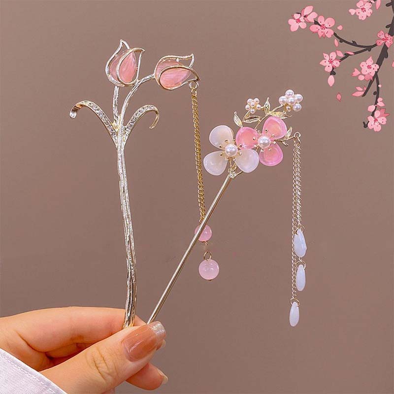 Vintage Chinese Style Pink Flower Hair Sticks For Women Elegant Crystal Tassel Hairpins Hair Buns Hanfu Headwear  Hair Ornaments