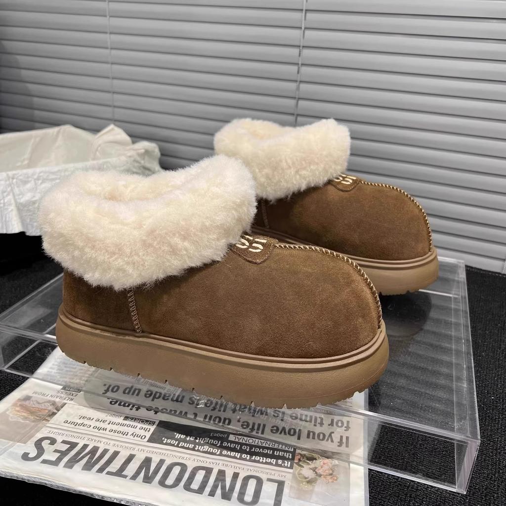 Thick-soled snow boots women's new winter velvet matte leather low-top big head one-pedal warm fluffy cotton shoes
