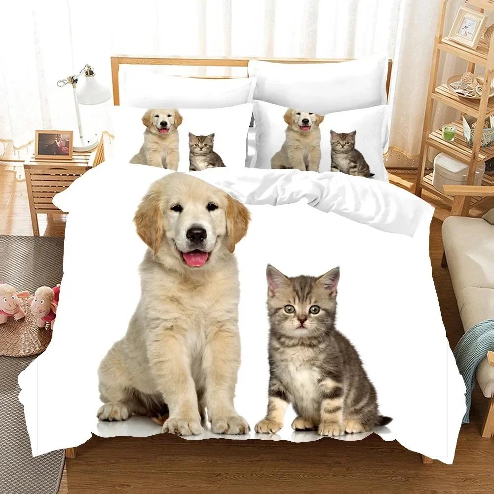 3D Dog And Cat Comfortable Duvet Quilt Cover Pillowcase Bedding Set Children Bedroom Decoration Home Textile