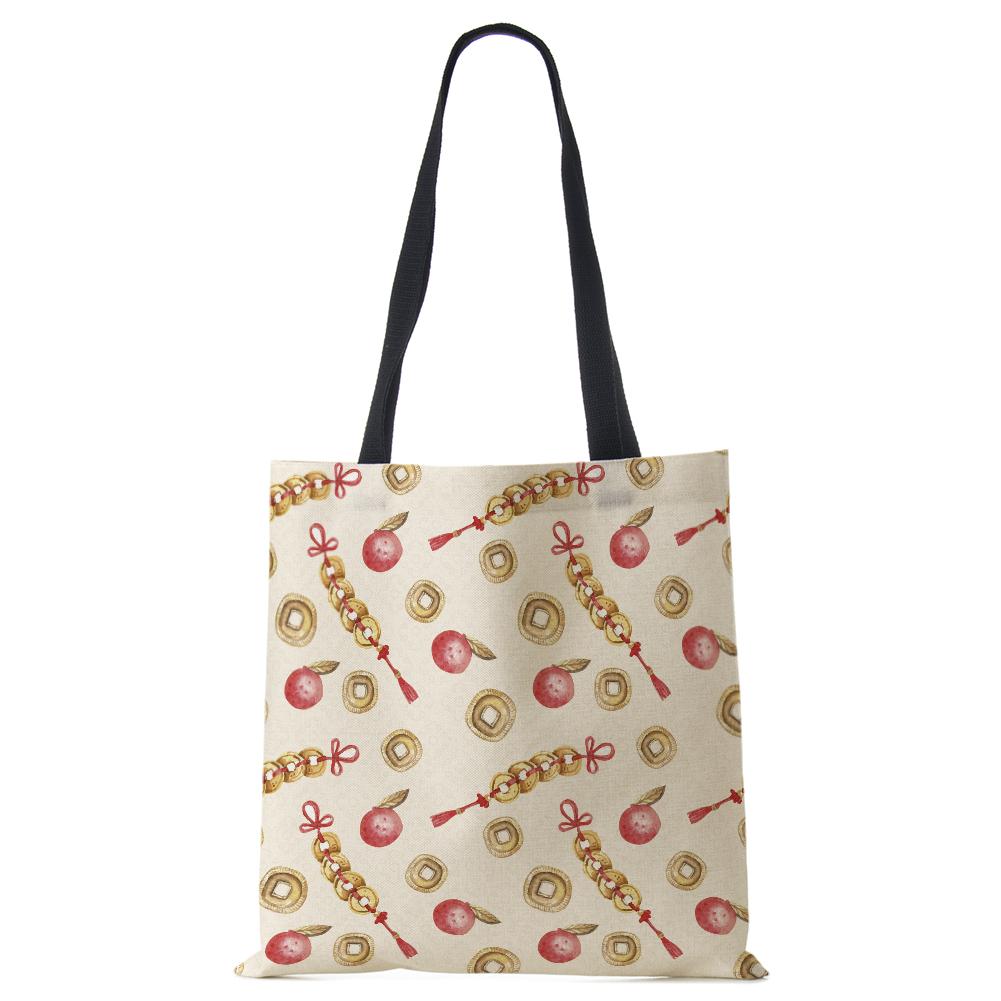 Lotus Leaf Bamboo Print Shopping Bags Women Folding Reusable Tote Shoulder Bag Scenery Canvas Casual Groceries Handbags 2022 CLE