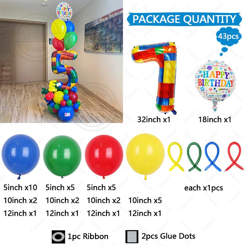 

43Pcs Building Blocks Digital Theme Red Yellow Blue Green Latex Balloon Birthday Party Set Baby Shower Globos Supplies 32inch