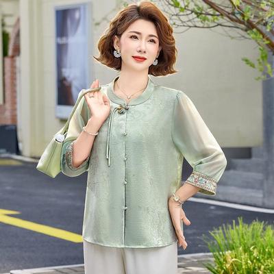 Elegant Chiffon Blouse for Middle-Aged Women, Chinese Style, Seven-Sleeve, Summer Fashion 2026