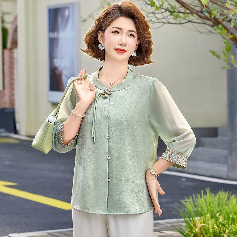 Elegant Chiffon Blouse for Middle-Aged Women, Chinese Style, Seven-Sleeve, Summer Fashion 2026 5XL