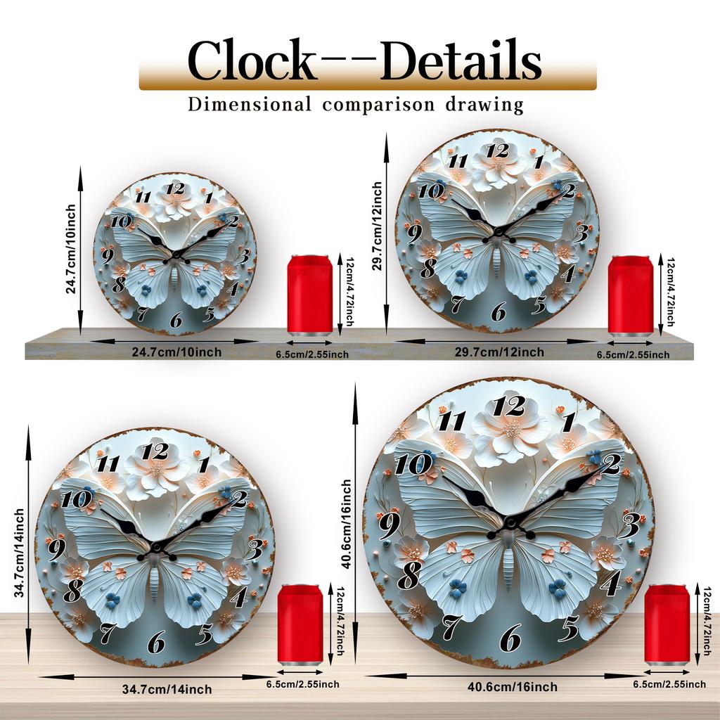 3D Butterfly Floral Wall Clock, Elegant Blue Flower and Insect Design Round Timepiece, Decorative Home Kitchen Office Hang Clock