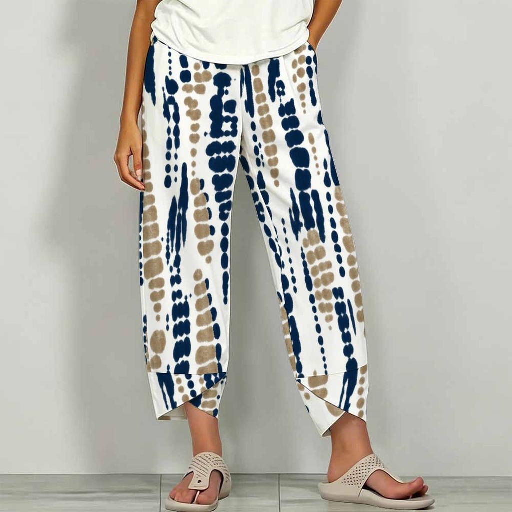 Women Plus Size Navy Blue Floral Paisley Printed Loose Cross Hem Cropped Pants With Pockets