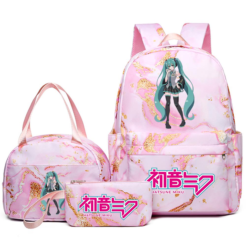 3Pcs/set Anime Hatsune Miku Printed Backpack Handbag Pencil Case for Teenager Student Bookbag Schoolbag Women Large Capacity Waterproof Travel Bag