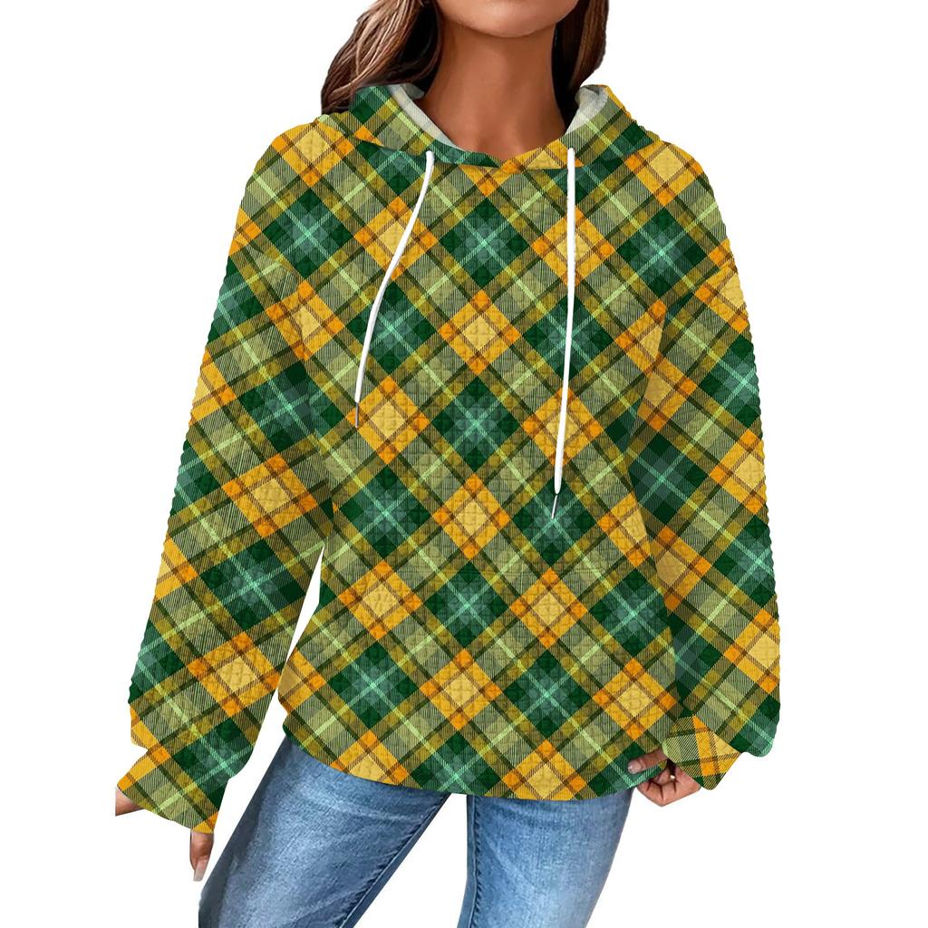 Damenmode Lockerer Kapuzenpullover Langarm Kariertes Sweatshirt mit Kordelzug Überschnittene Schultern und Tasche Print Top