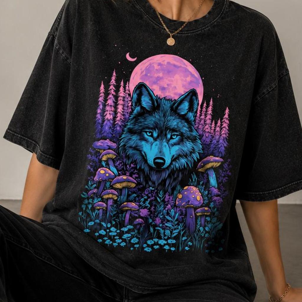 Vintage Washed Wolf Moon T-Shirt and kids tshirt, Mystical Forest Wolf Graphic Tee, Purple Mushroom Shirt and kids tshirt, Nature Lover Unisex Gift