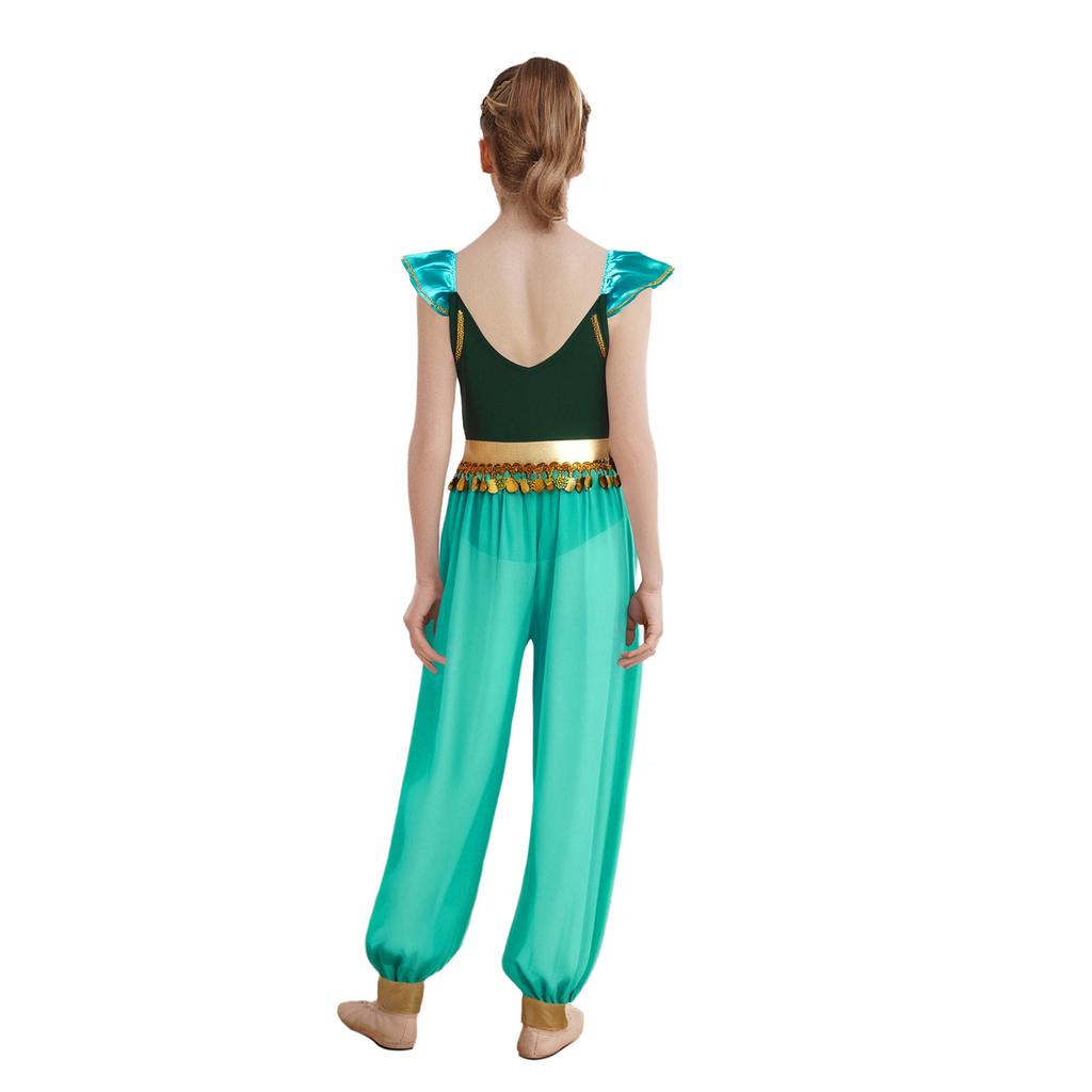 Girl Arabian Princess Costume Patchwork Flying Sleeves Rhinestone Sequins Tassels Side Slit Chiffon Pants