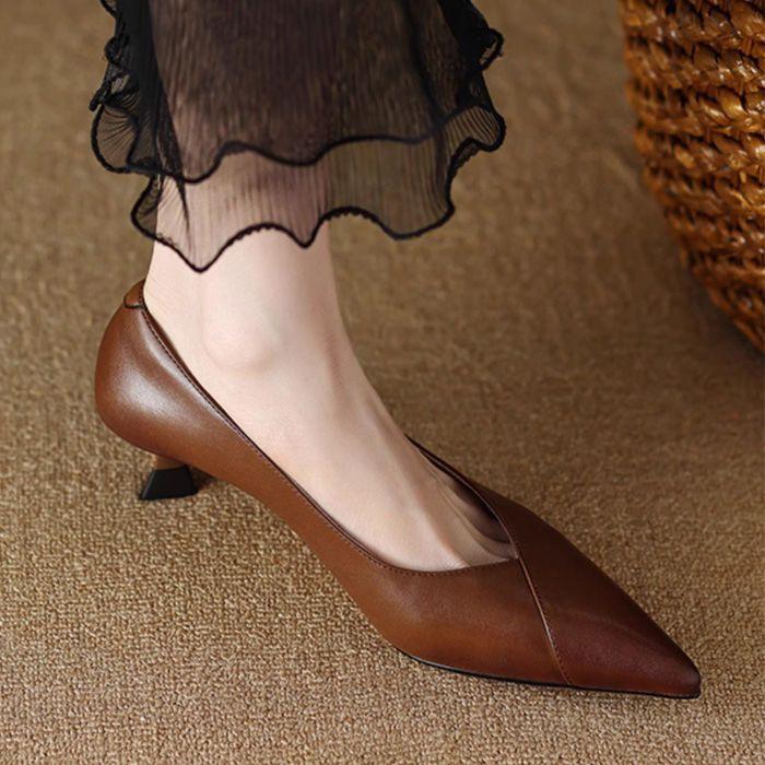 Pointed head shallow mouth high heels autumn new black work shoes soft leather one-pedal single shoes