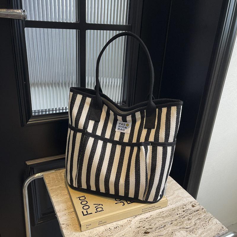 Canvas Bag Women's Large-capacity New Casual Striped Shopping Bag Commuter Tote Bag