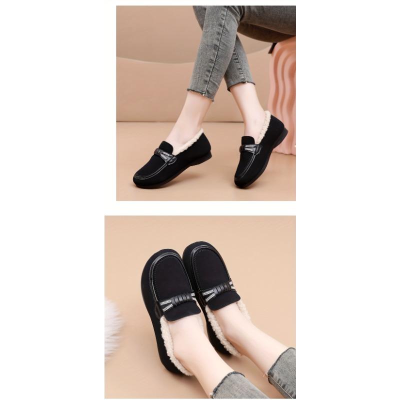 Women's Plush Lined Flat Shoes,Solid Colour Winter Warm Slippers,Warm Outdoor Flat Shoes