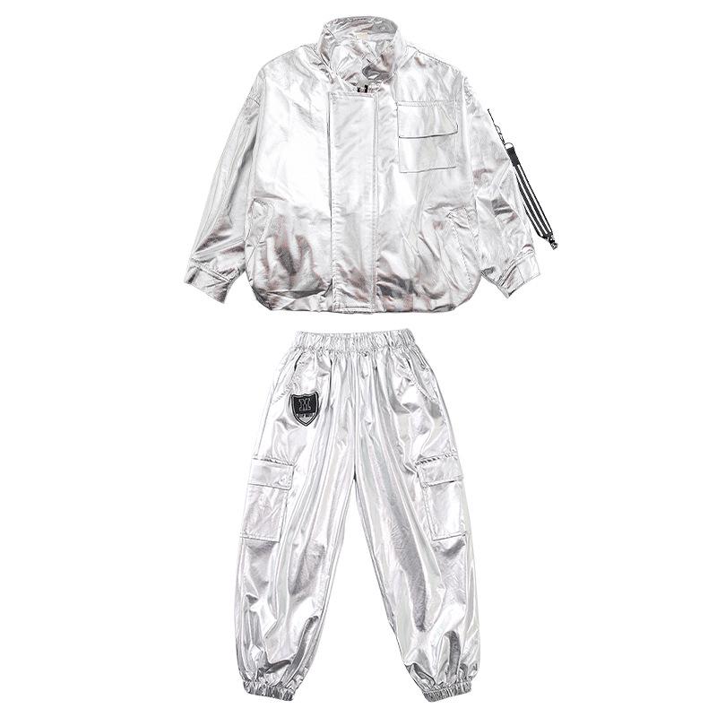 Children's Shiny Silver Leather Hip Hop Set for Stage Shows and Street Dance Performances.